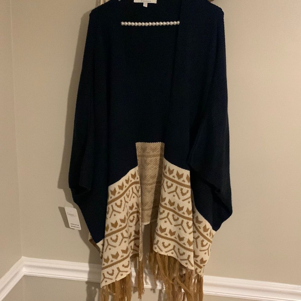 NEW Dreamers Boho Tribal Fringed Poncho Sweater Pearl Accent Shawl Navy M/L